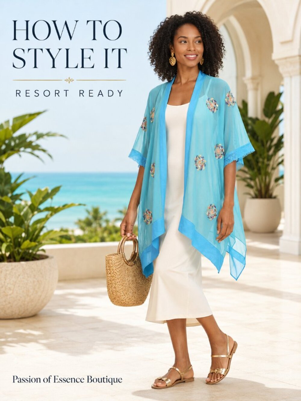 Turquoise Embroidered Sheer Kimono Cardigan | Lace-Trim Boho Cover-Up